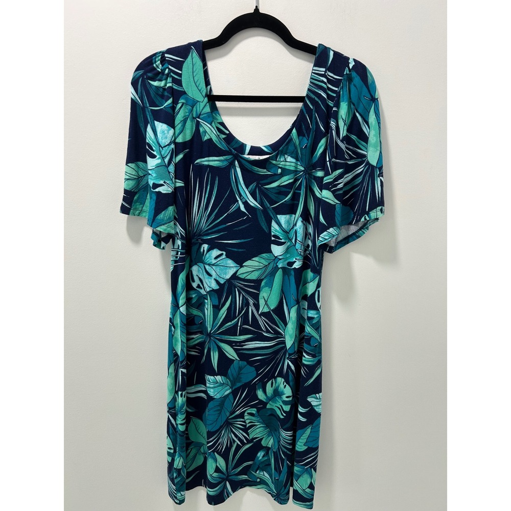 Tommy Bahama Tropical Palm Print Scoop Neck Jersey Knit Shift Dress Navy Teal